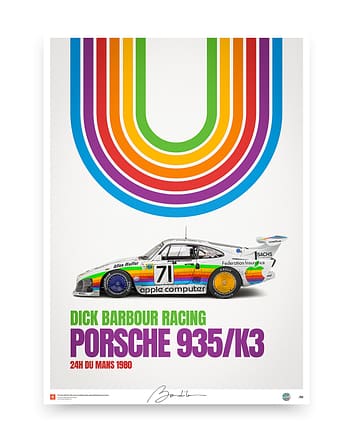 A vibrant, retro-style poster featuring the iconic Dick Barbour Racing Porsche 935/K3 race car, number 71, as it competed in the 1980 World Endurance Championship. The car is depicted with a colorful rainbow arch in the background.