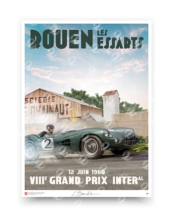 Aston Martin DBR1 art poster, 1960 Rouen-Les-Essarts Grand Prix, vintage British racing green car illustration, historic French street circuit wall art.