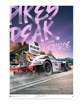 Porsche 911 Hoonipigasus Pikes Peak Hill Climb poster, Lia Block Mobil 1 livery, pink racing car art print, cinematic automotive wall art.