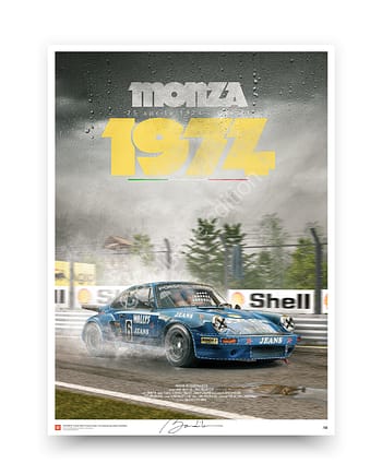 Porsche 911 Carrera RSR 3.0 Kremer Racing poster, 1974 Monza Grand Prix wet race, blue Wally's Jeans livery vintage motorsport illustration, historic Italian circuit wall art. 911 carrera